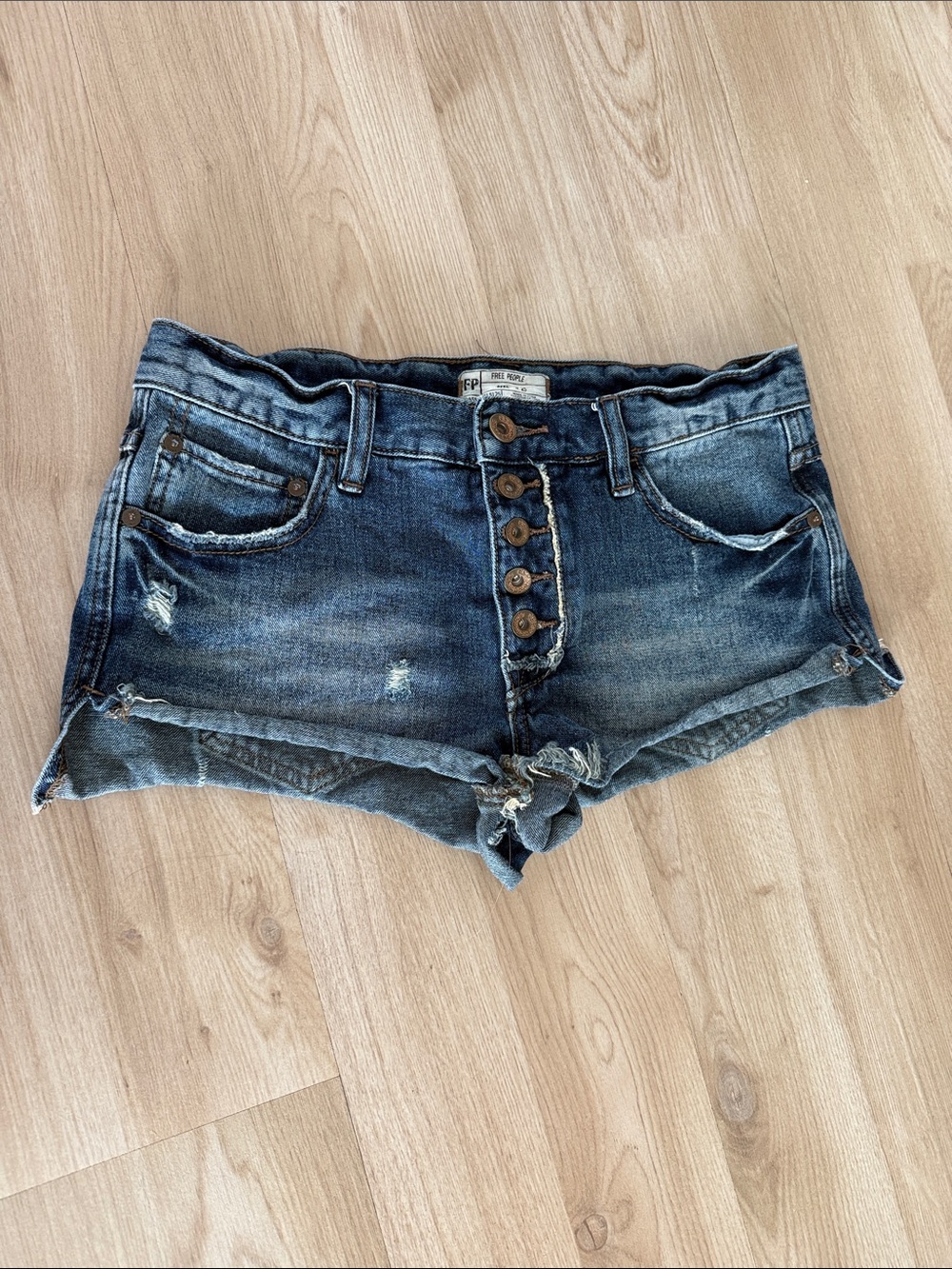 Free People Dark Blue Distressed Button-Front Denim Shorts